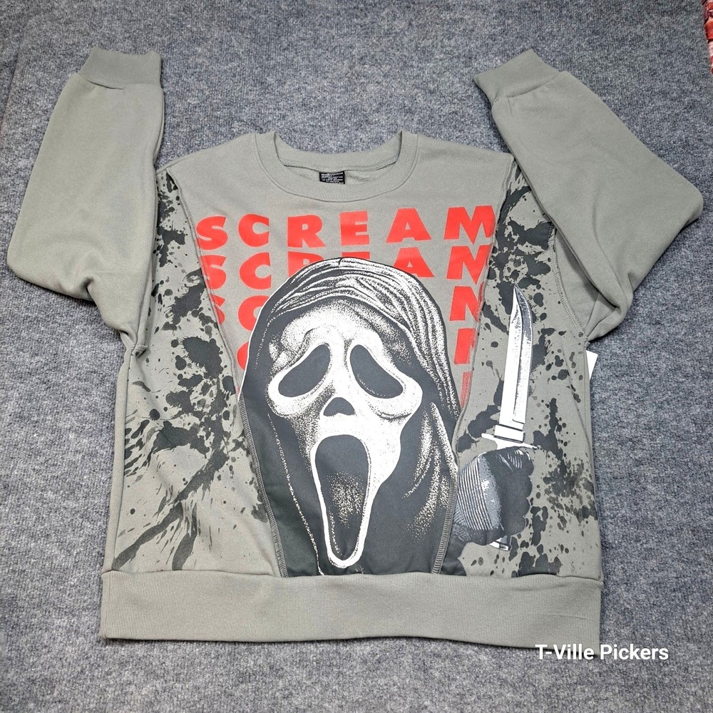 Scream Ghostface Crewneck Fleece Sweatshirt Sage Green Horror Graphic Mens S